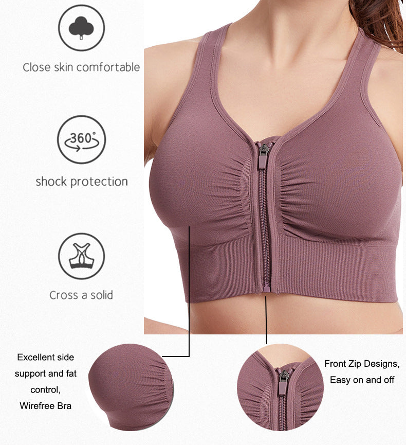 Women Zip Front Sports Bra Wireless Active Yoga Sports Bras