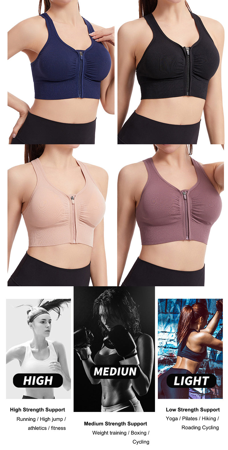 Women Zip Front Sports Bra Wireless Active Yoga Sports Bras