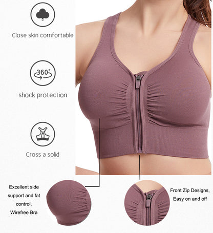Women Zip Front Sports Bra Wireless Active Yoga Sports Bras
