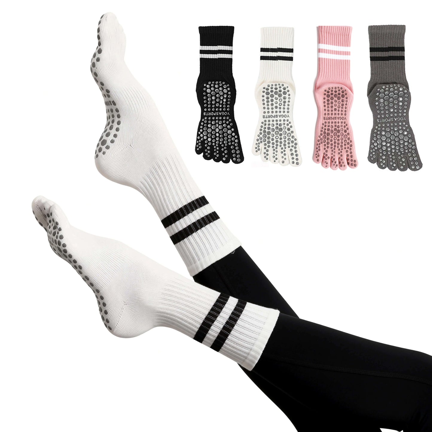 Women Non-Slip Grip Toe Socks Five Fingers Crew Socks for Pilates & Yoga